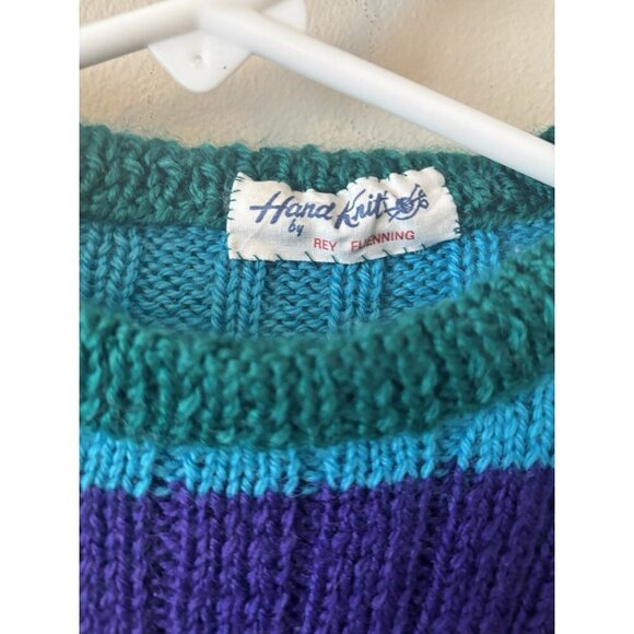 Vintage Boys Handmade Hand Knit Striped Sweater Green Blue Purple - Picture 4 of 4